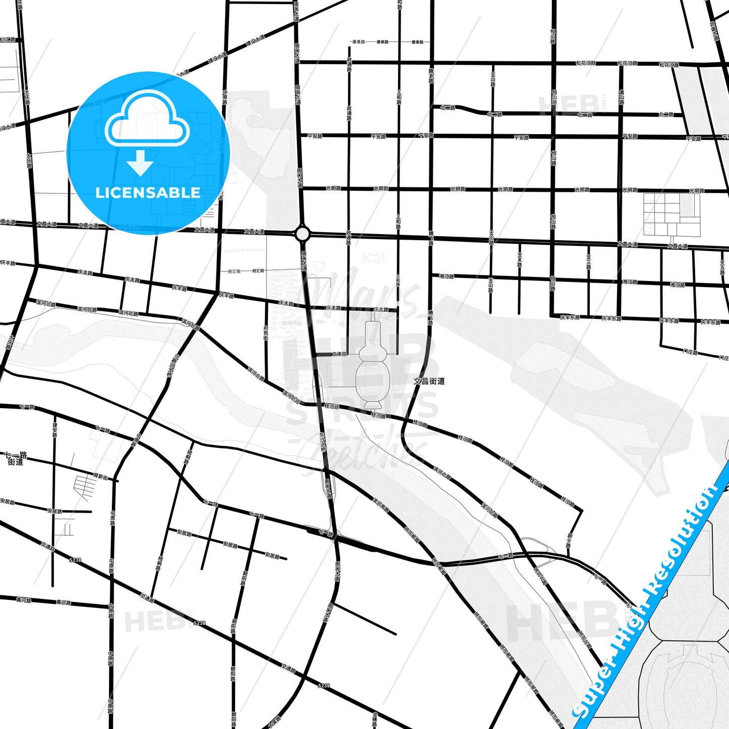 Zhoukou, China Light Map with Street Names, City Names, and Districts