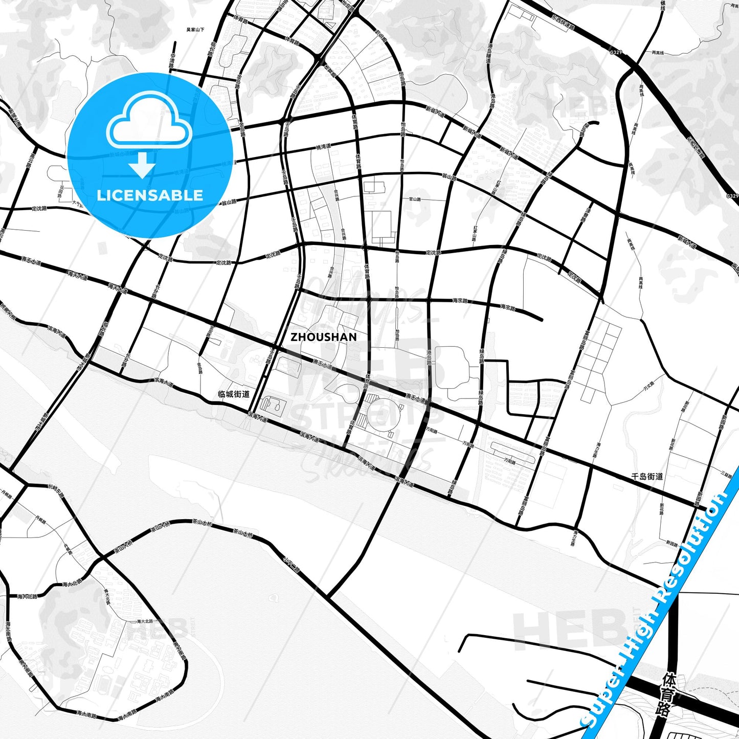 Zhoushan, China Light Map with Street Names, City Names, and Districts