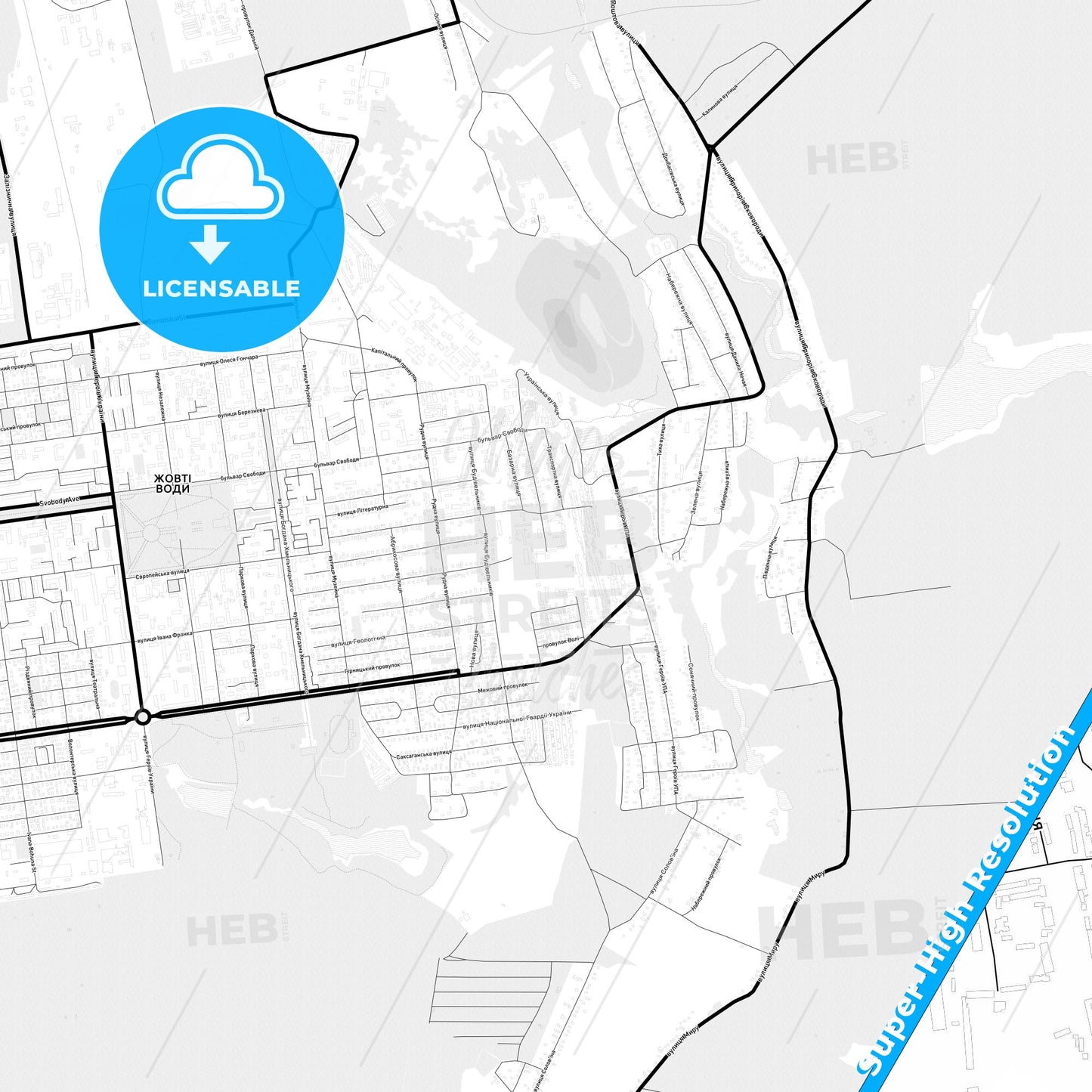Zhovti Vody, Ukraine Light Map with Street Names, City Names, and Districts