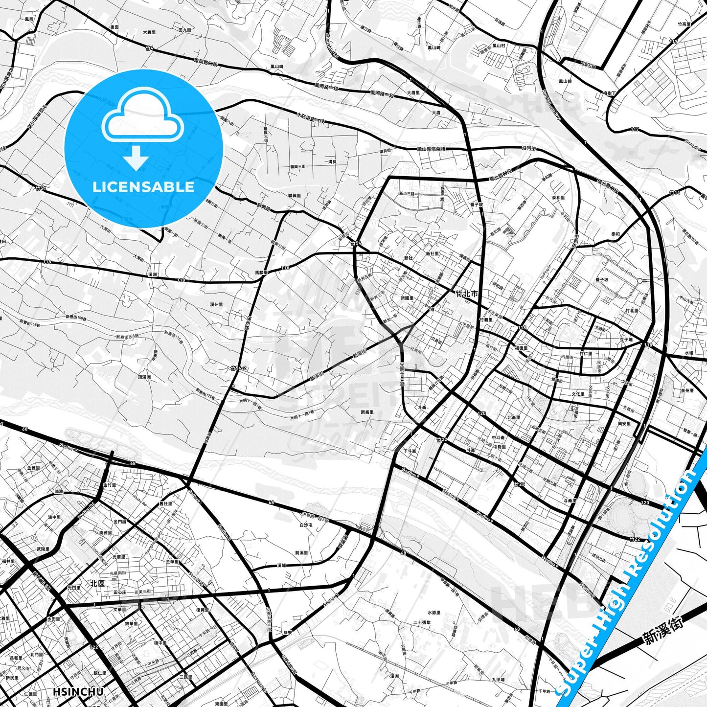 Zhubei, Taiwan Light Map with Street Names, City Names, and Districts