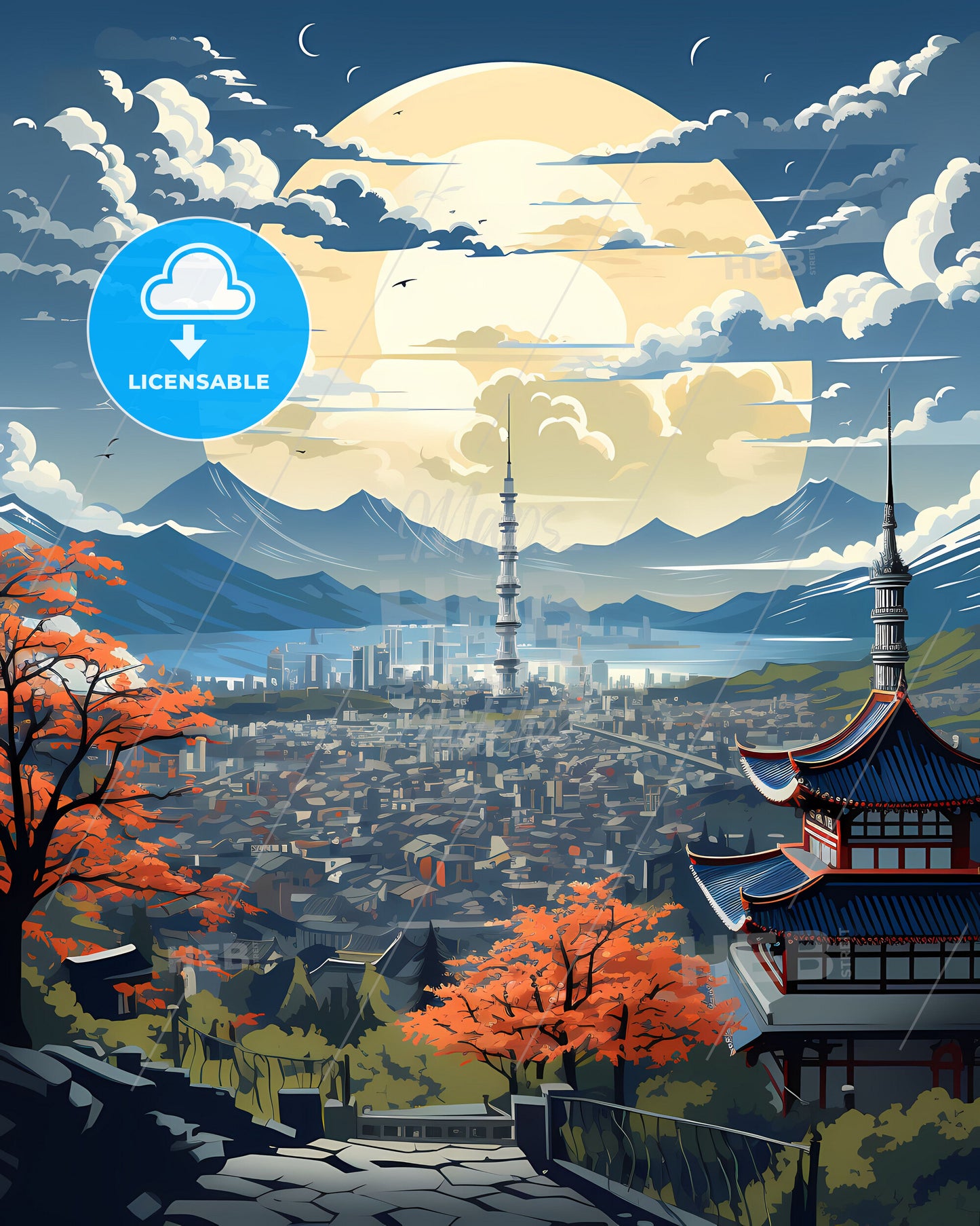 Panoramic Painting of Zhucheng Skyline with Mountains and a Prominent Moon