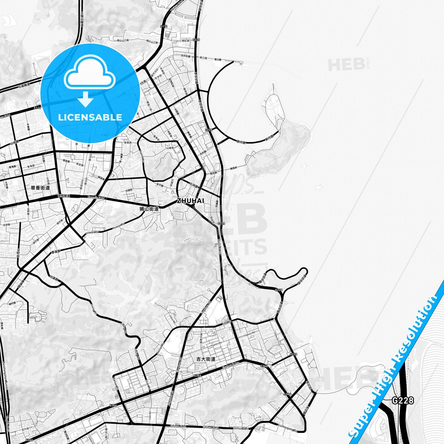 Zhuhai, China Light Map with Street Names, City Names, and Districts
