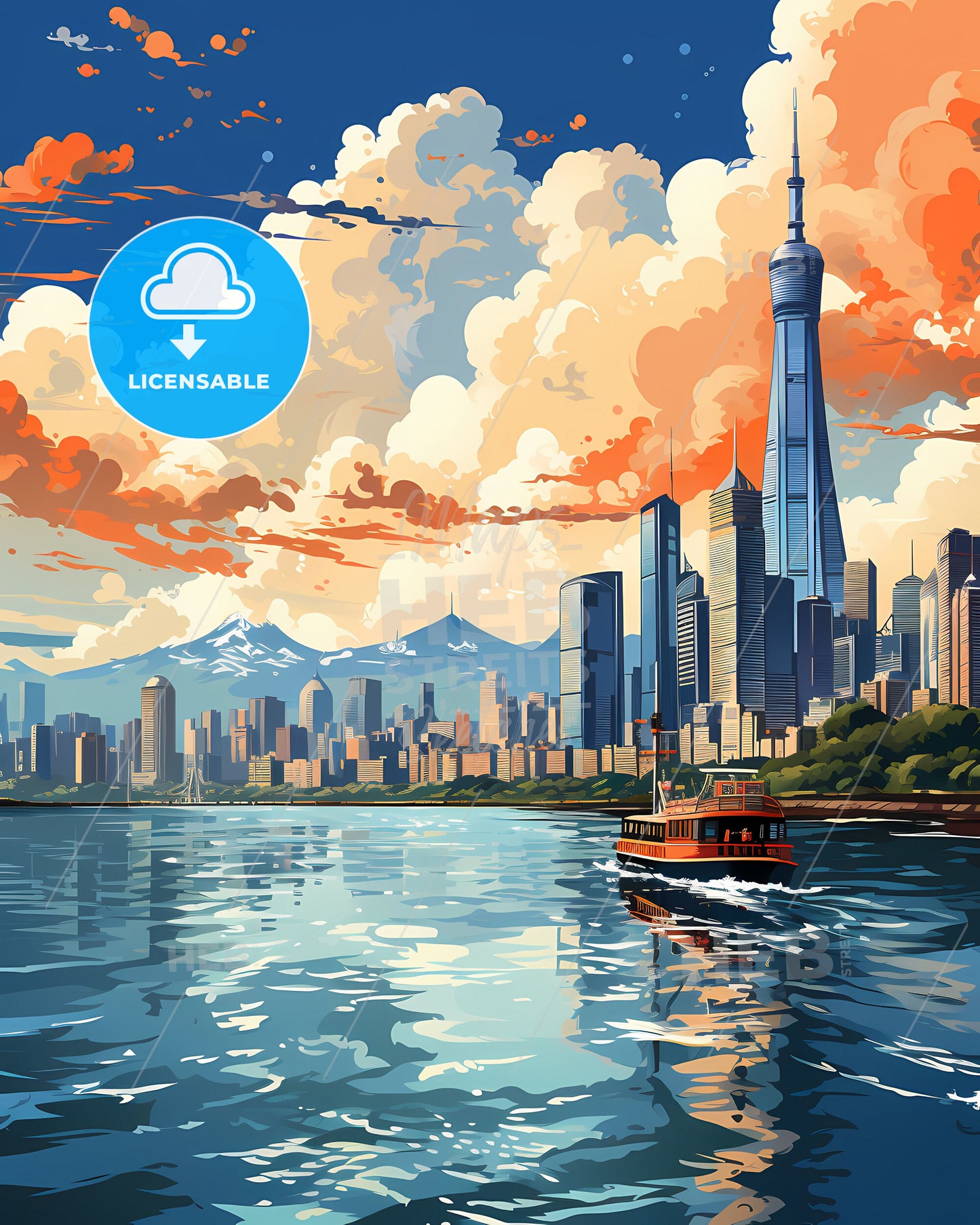 Vibrant City Skyline Artwork - Zhuhai China Skyline Painting With Boat in Water