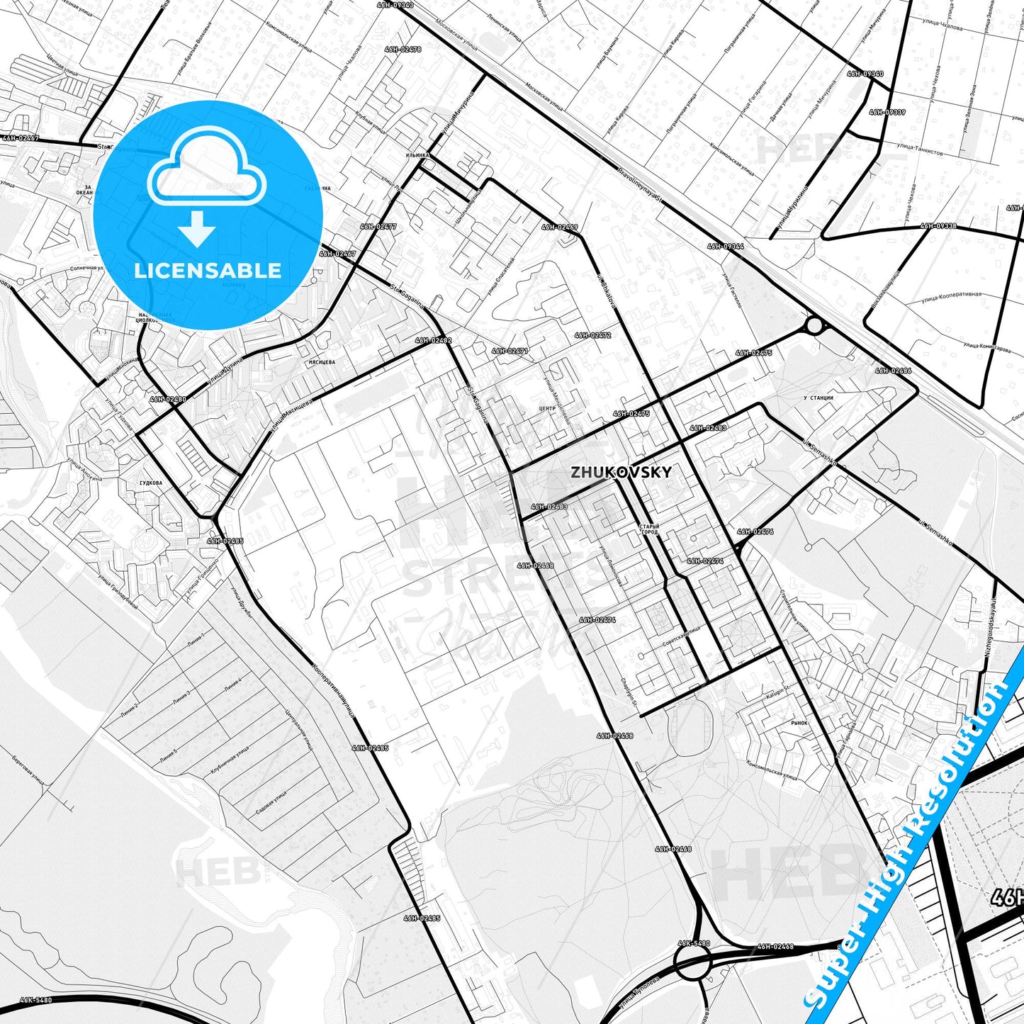 Zhukovsky, Russia Light Map with Street Names, City Names, and Districts