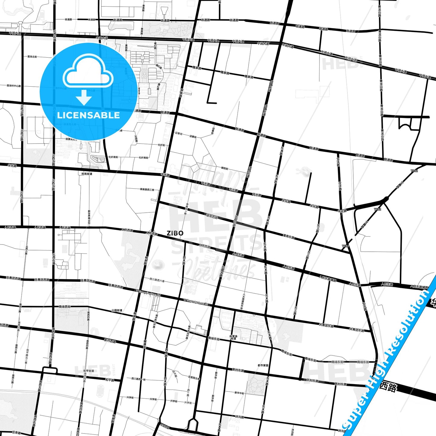 Zibo, China Light Map with Street Names, City Names, and Districts