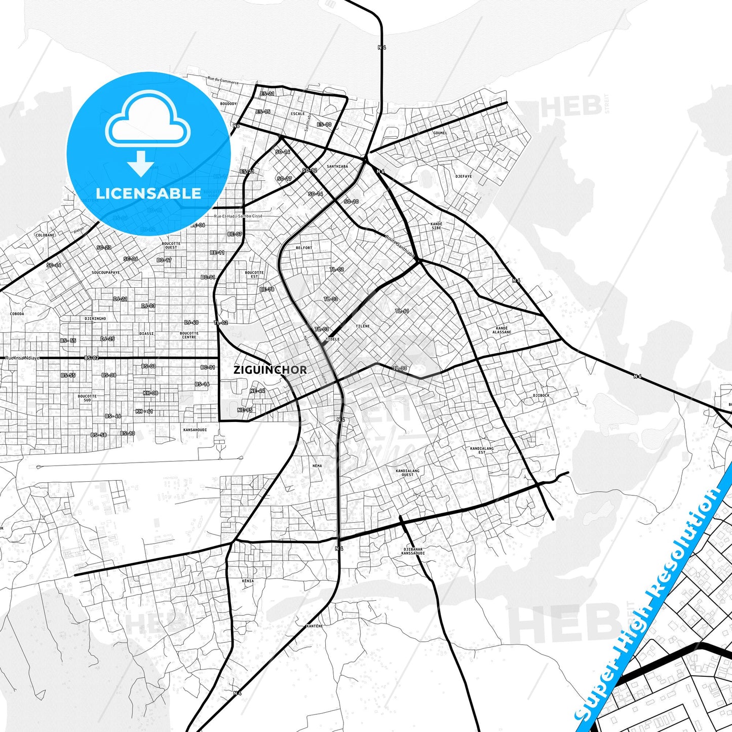 Ziguinchor, Senegal Light Map with Street Names, City Names, and Districts