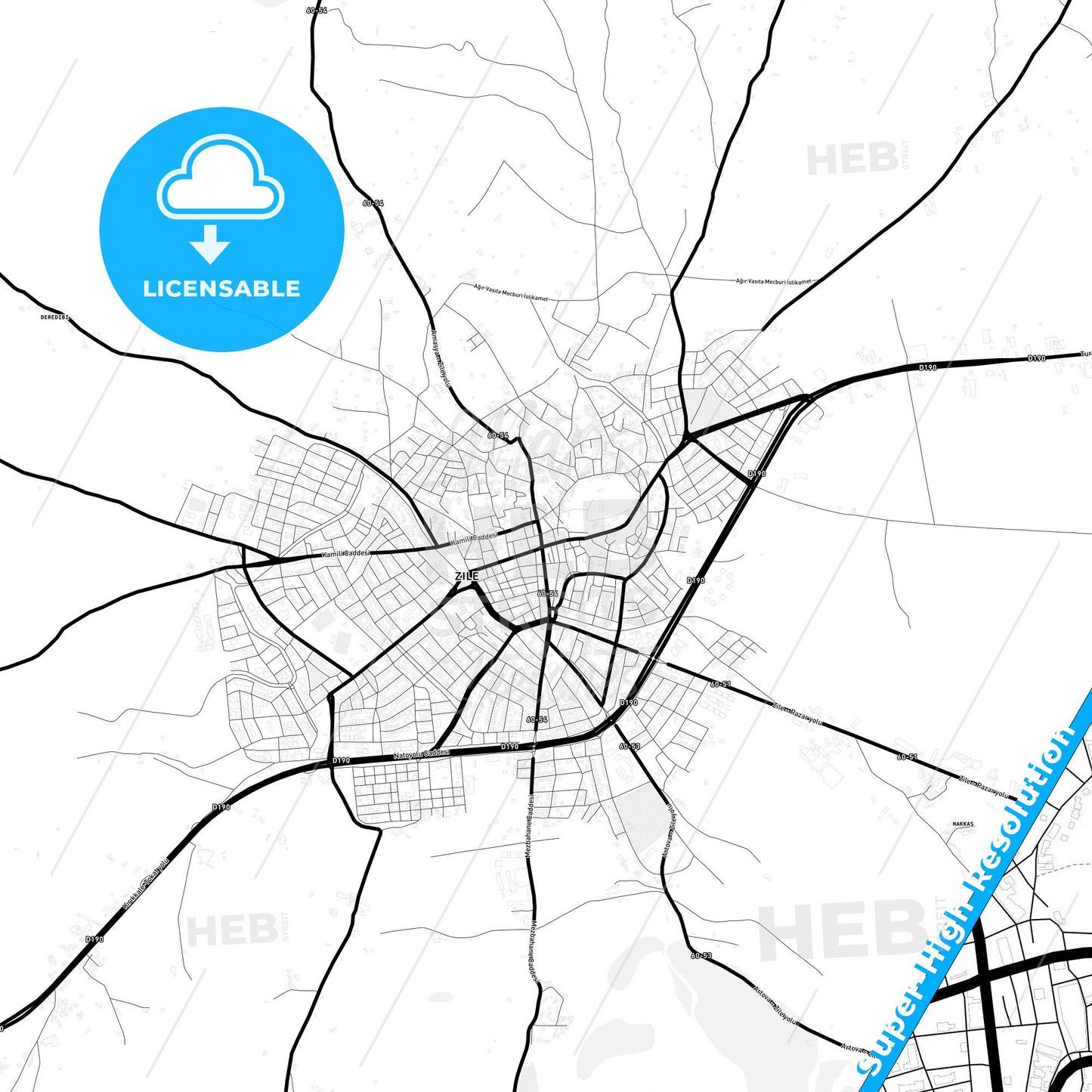 Zile, Turkey Light Map with Street Names, City Names, and Districts