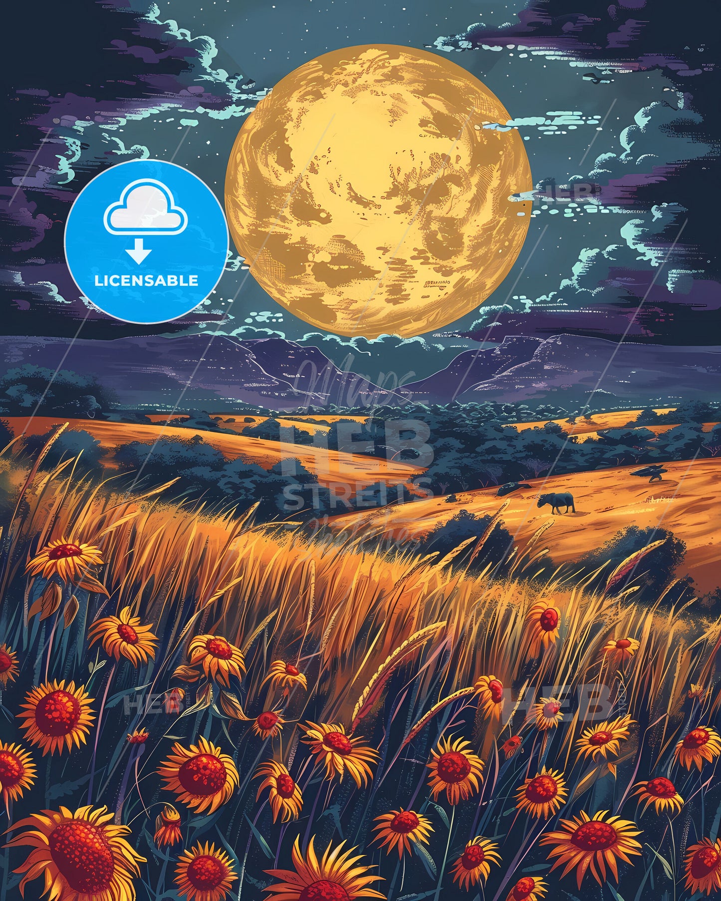 Vibrant African Flower Field Under a Majestic Celestial Moon: Zimbabwean Artistic Masterpiece
