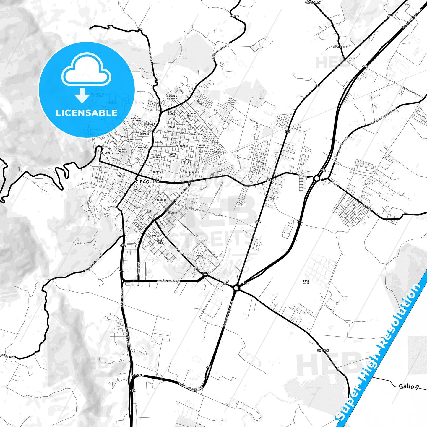 Zipaquira, Colombia Light Map with Street Names, City Names, and Districts