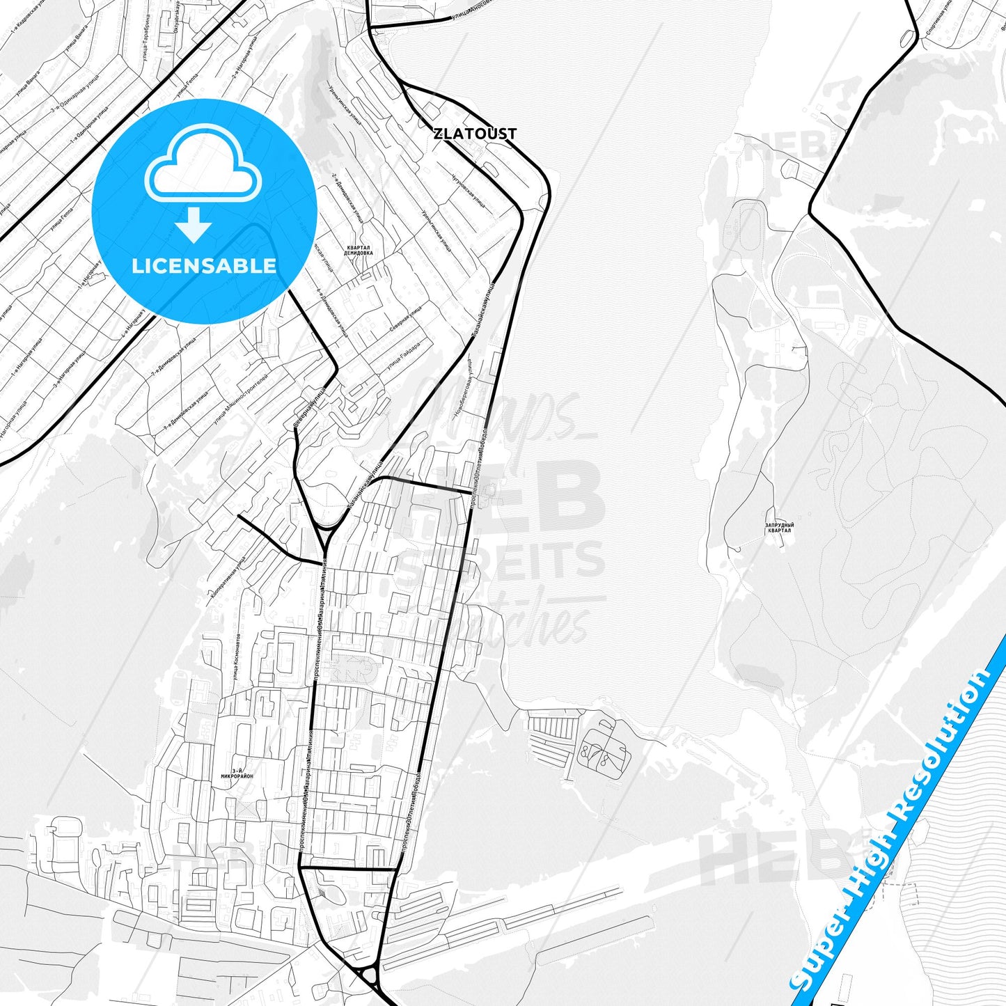 Zlatoust, Russia Light Map with Street Names, City Names, and Districts
