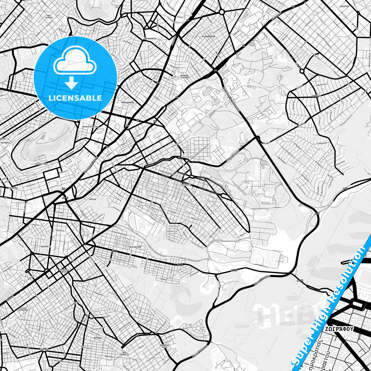 Zografou, Greece Light Map with Street Names, City Names, and Districts
