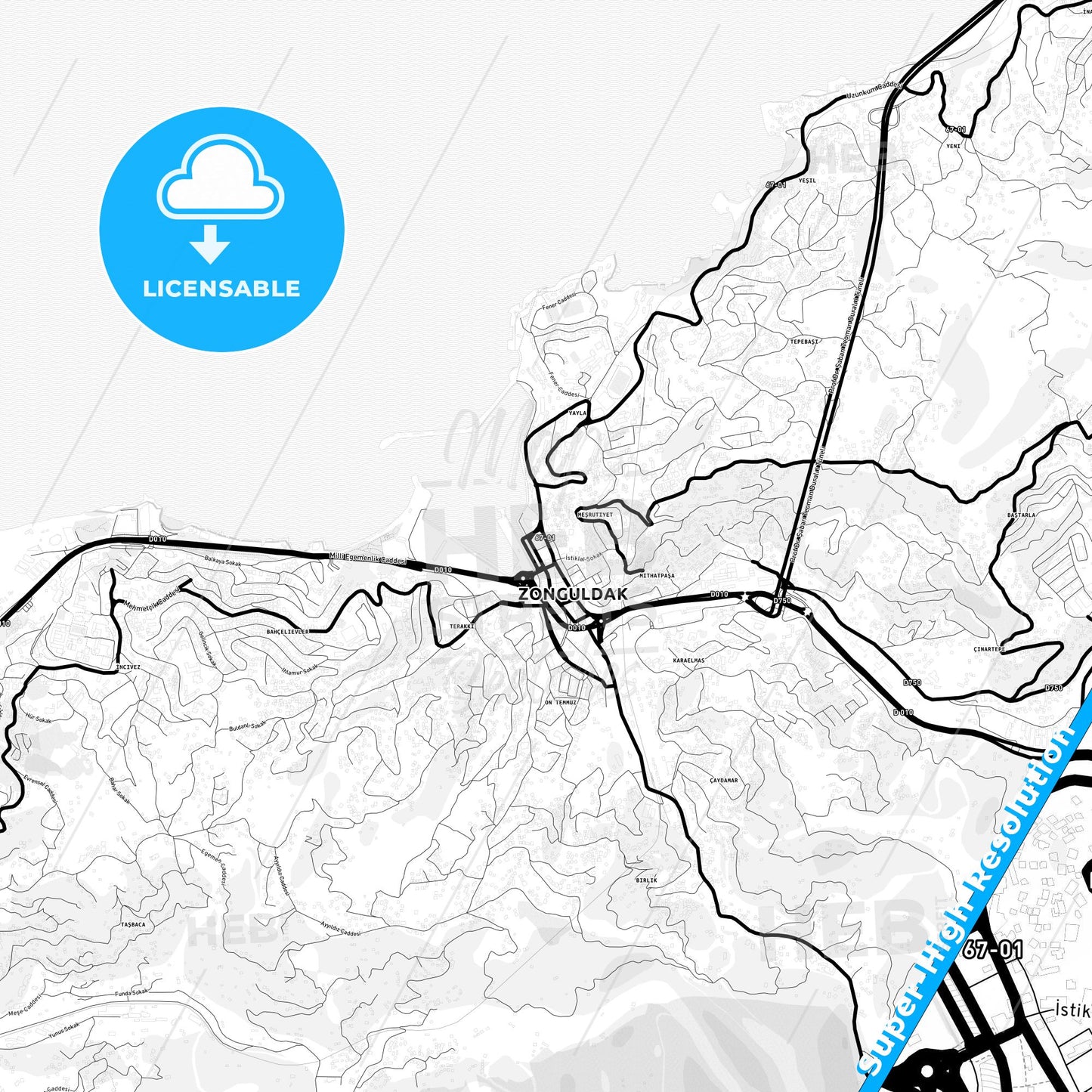 Zonguldak, Turkey Light Map with Street Names, City Names, and Districts