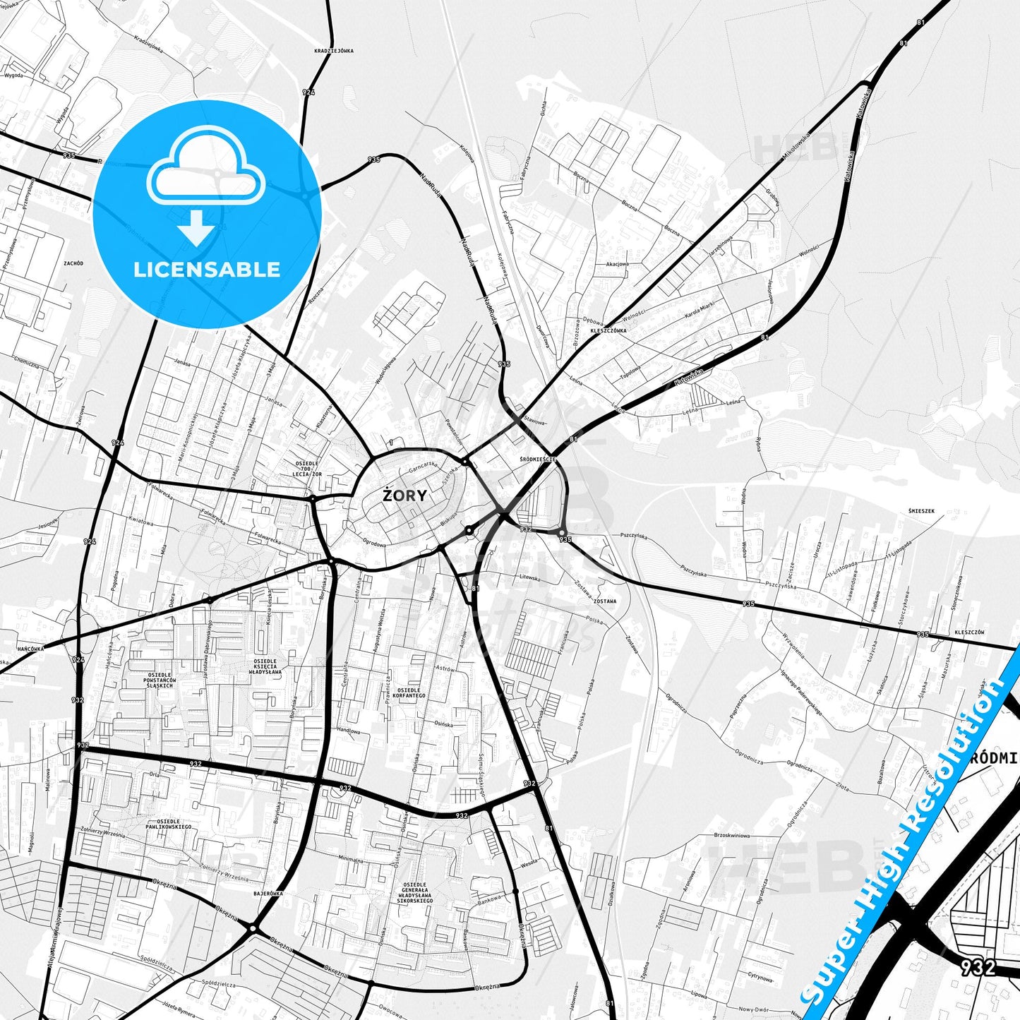 Żory, Poland Light Map with Street Names, City Names, and Districts