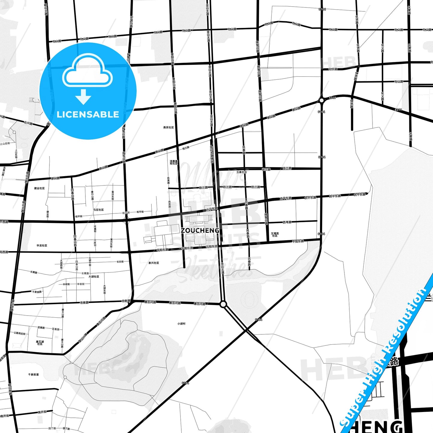 Zoucheng, China Light Map with Street Names, City Names, and Districts