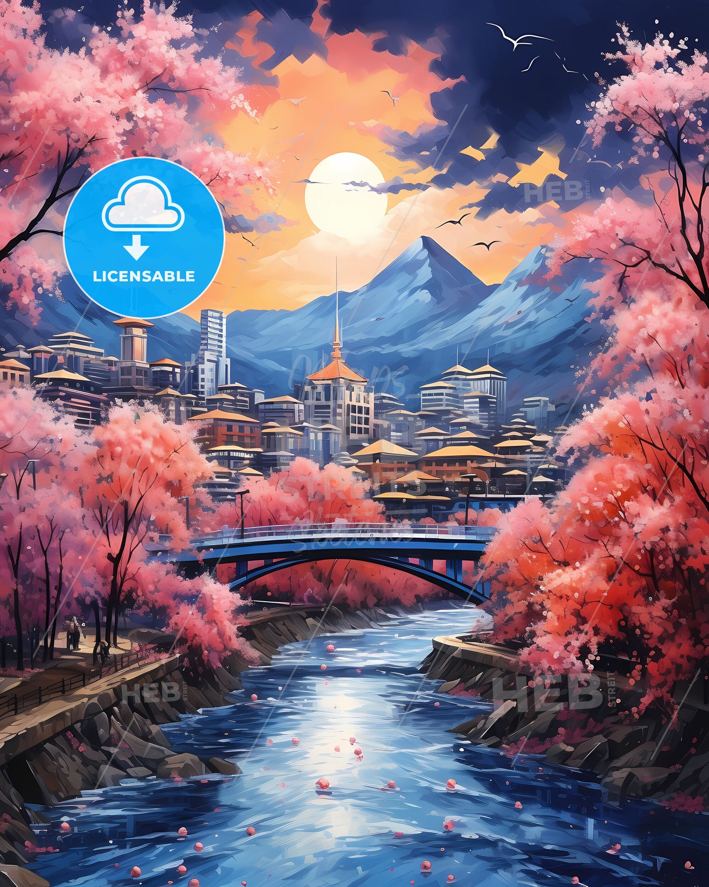 Artistic Zoucheng Cityscape Painting - River Through Vibrant Metropolis