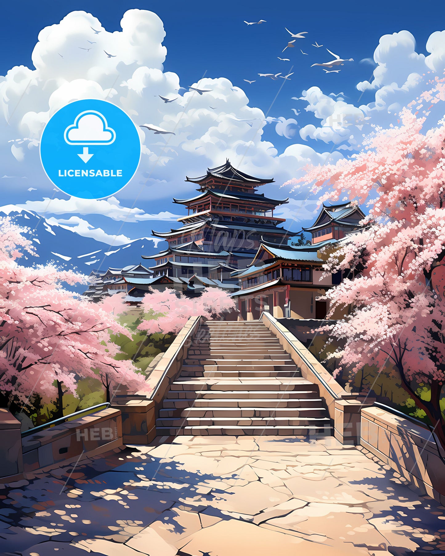 Fine Art Painting of Zoucheng China Skyline Depicting Stone Walkway Leading to Traditional Building with Pagoda and Vibrant Cherry Blossom Trees