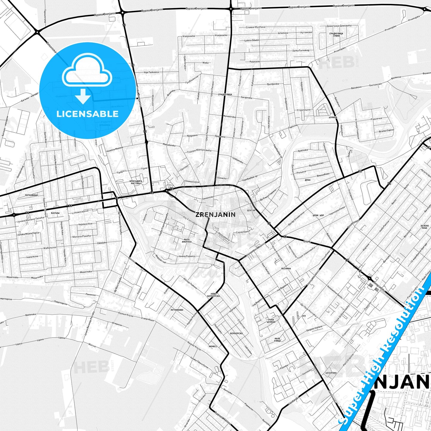 Zrenjanin, Serbia Light Map with Street Names, City Names, and Districts