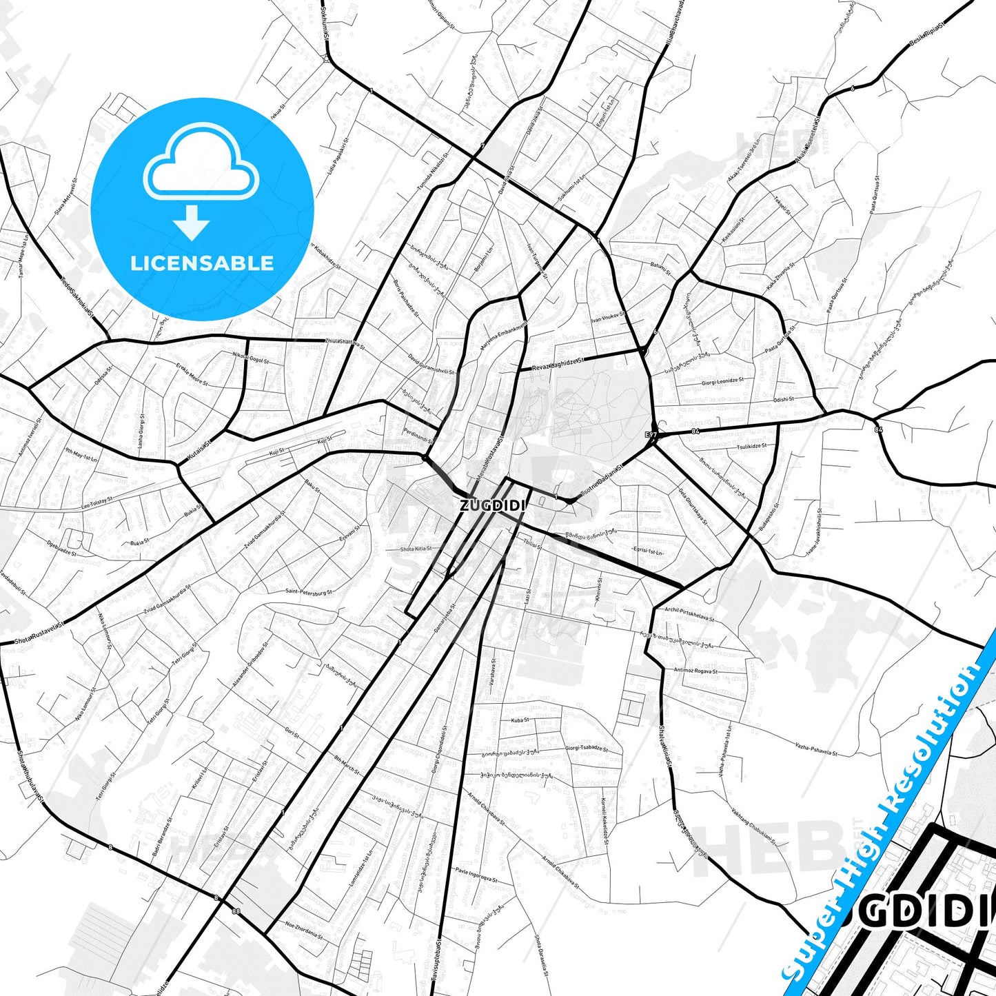 Zugdidi, Georgia Light Map with Street Names, City Names, and Districts