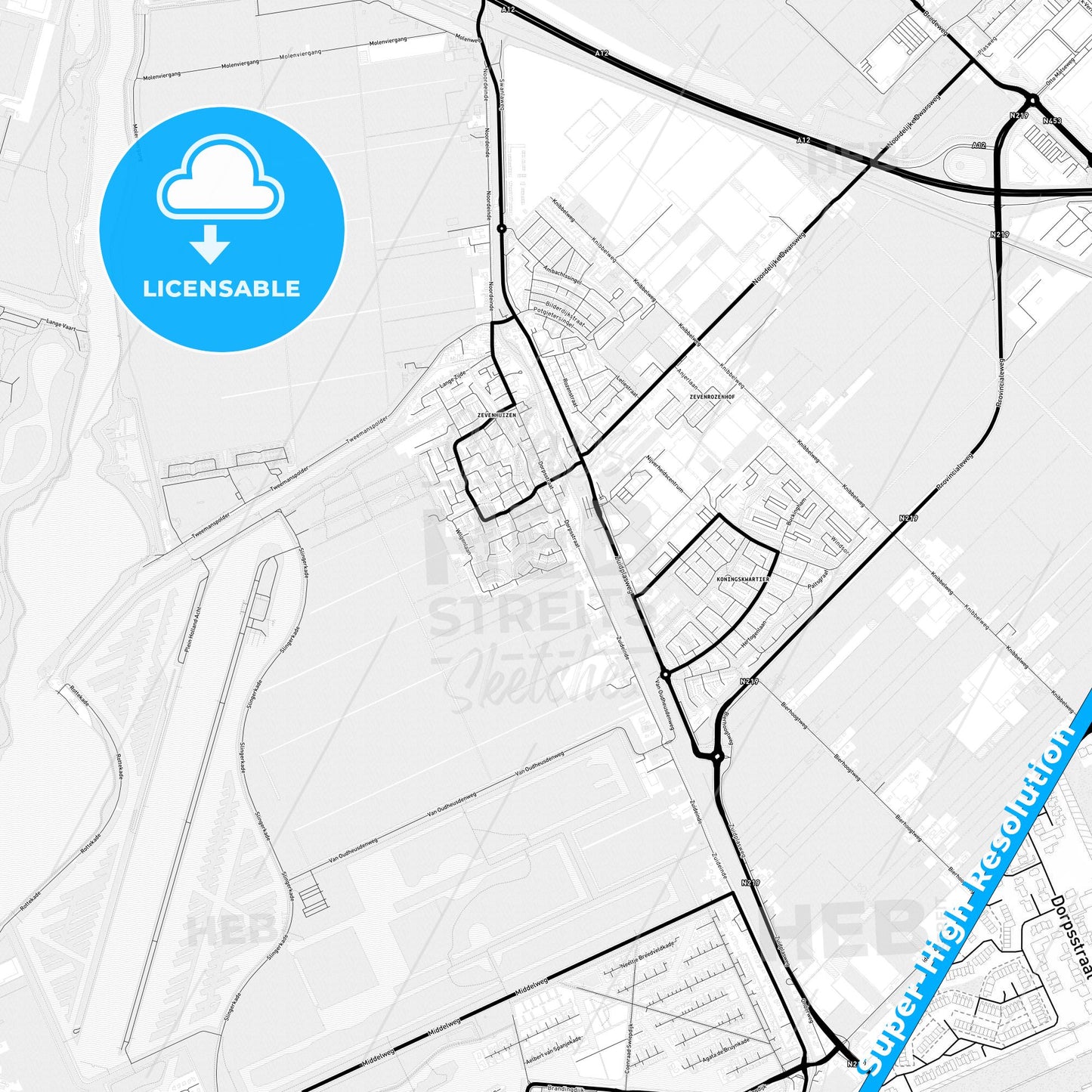 Zuidplas, Netherlands Light Map with Street Names, City Names, and Districts