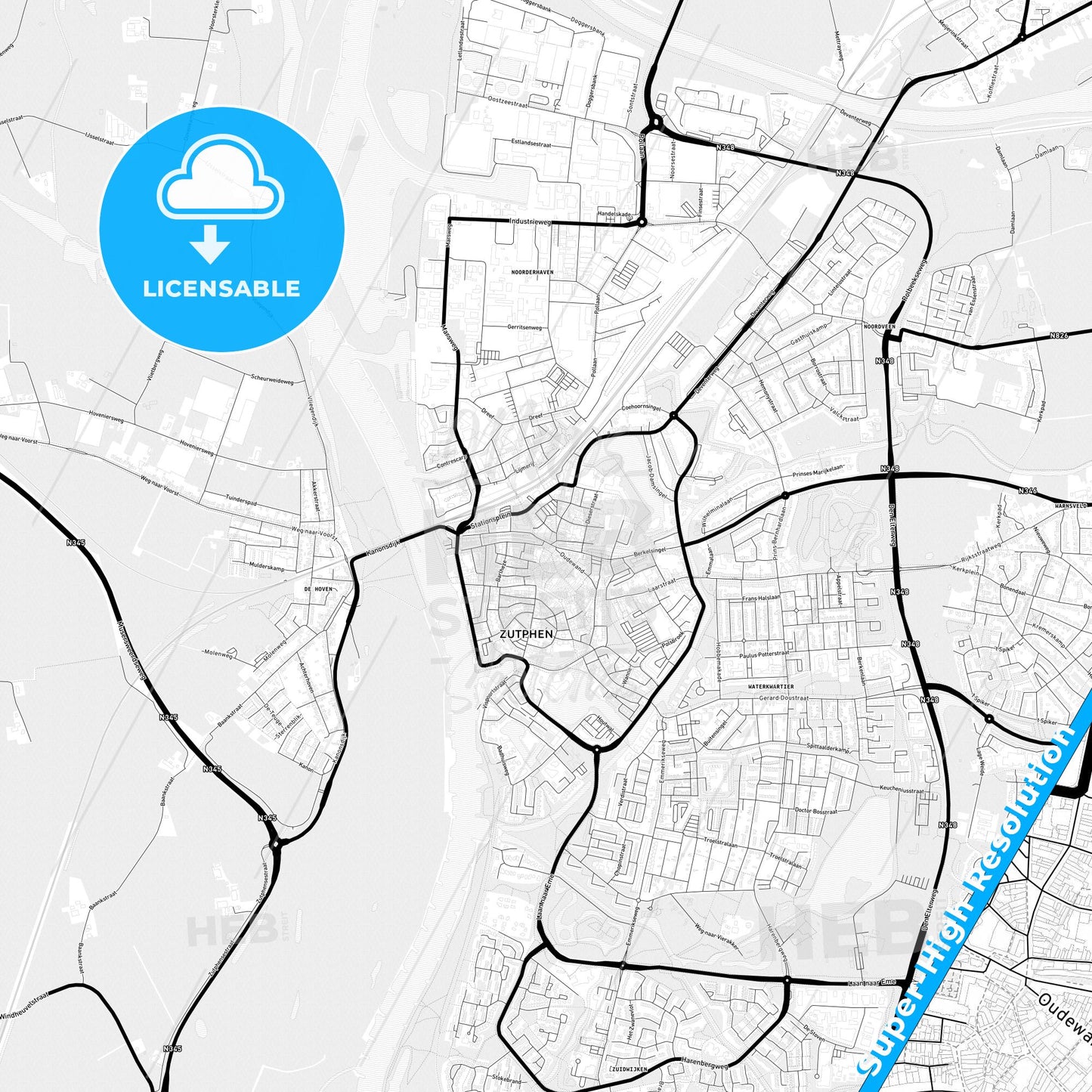 Zutphen, Netherlands Light Map with Street Names, City Names, and Districts