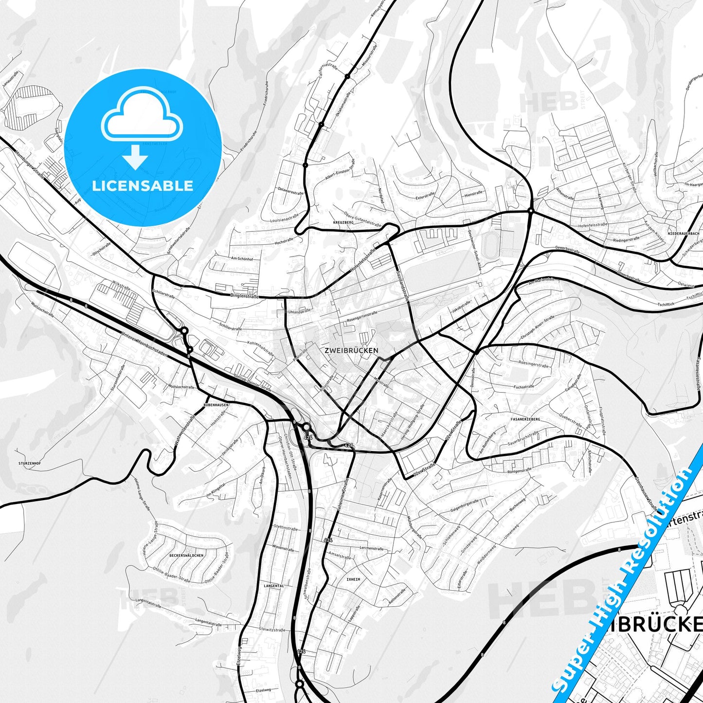 Zweibrucken, Germany Light Map with Street Names, City Names, and Districts