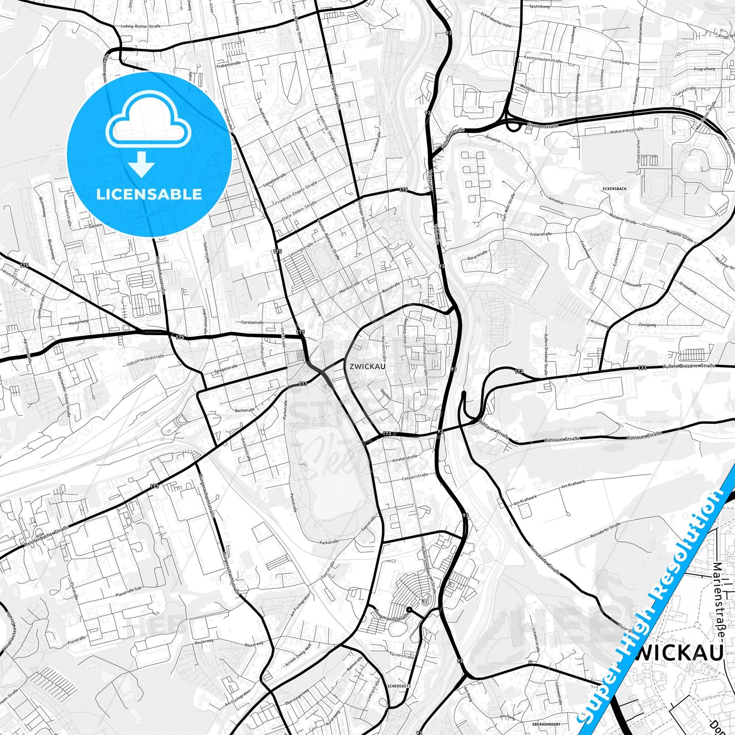 Zwickau, Germany Light Map with Street Names, City Names, and Districts