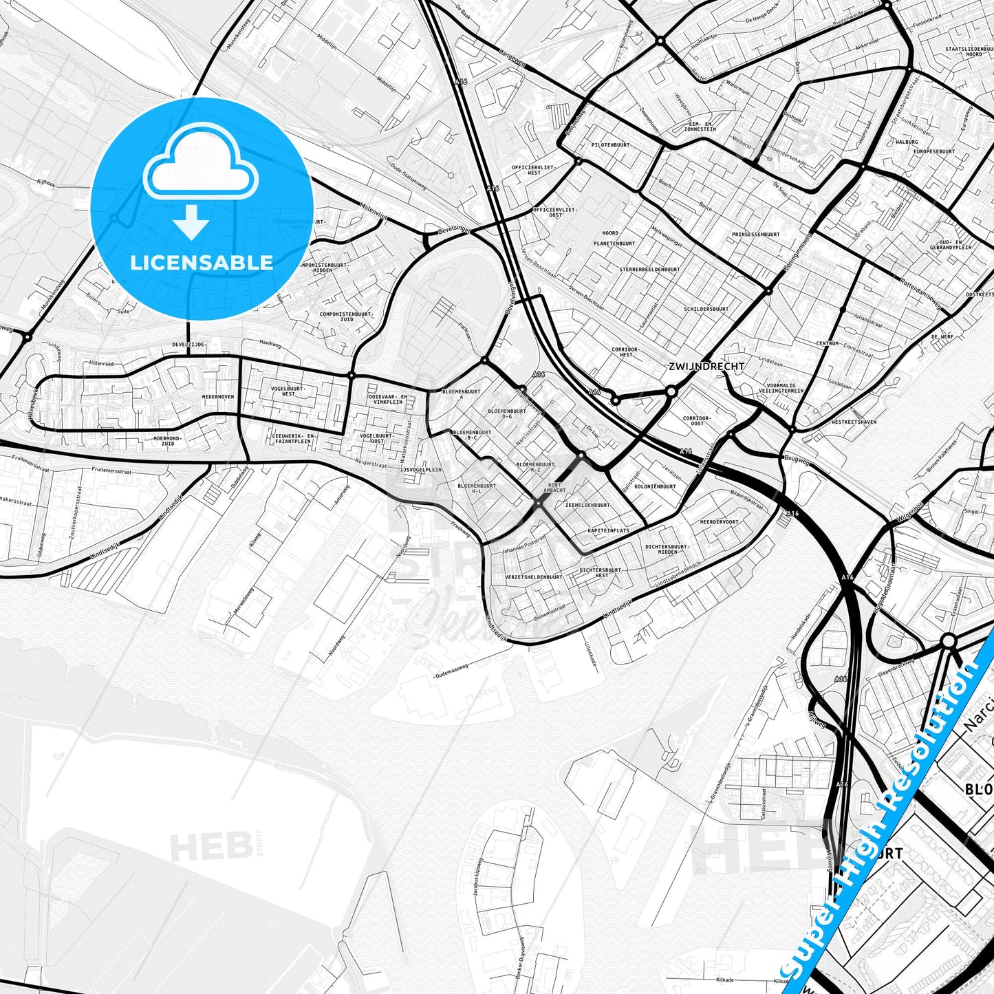 Zwijndrecht, Netherlands Light Map with Street Names, City Names, and Districts