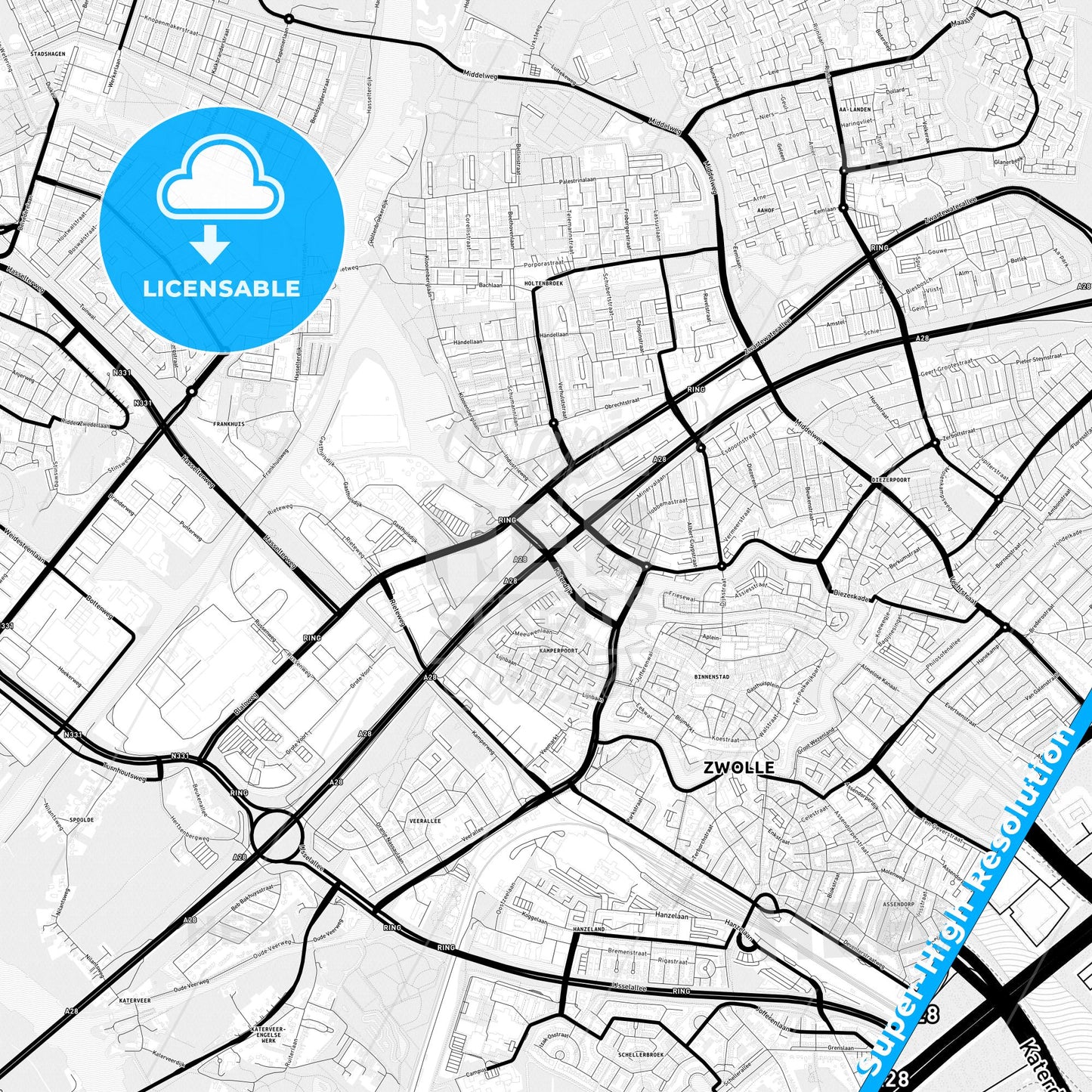Zwolle, Netherlands Light Map with Street Names, City Names, and Districts