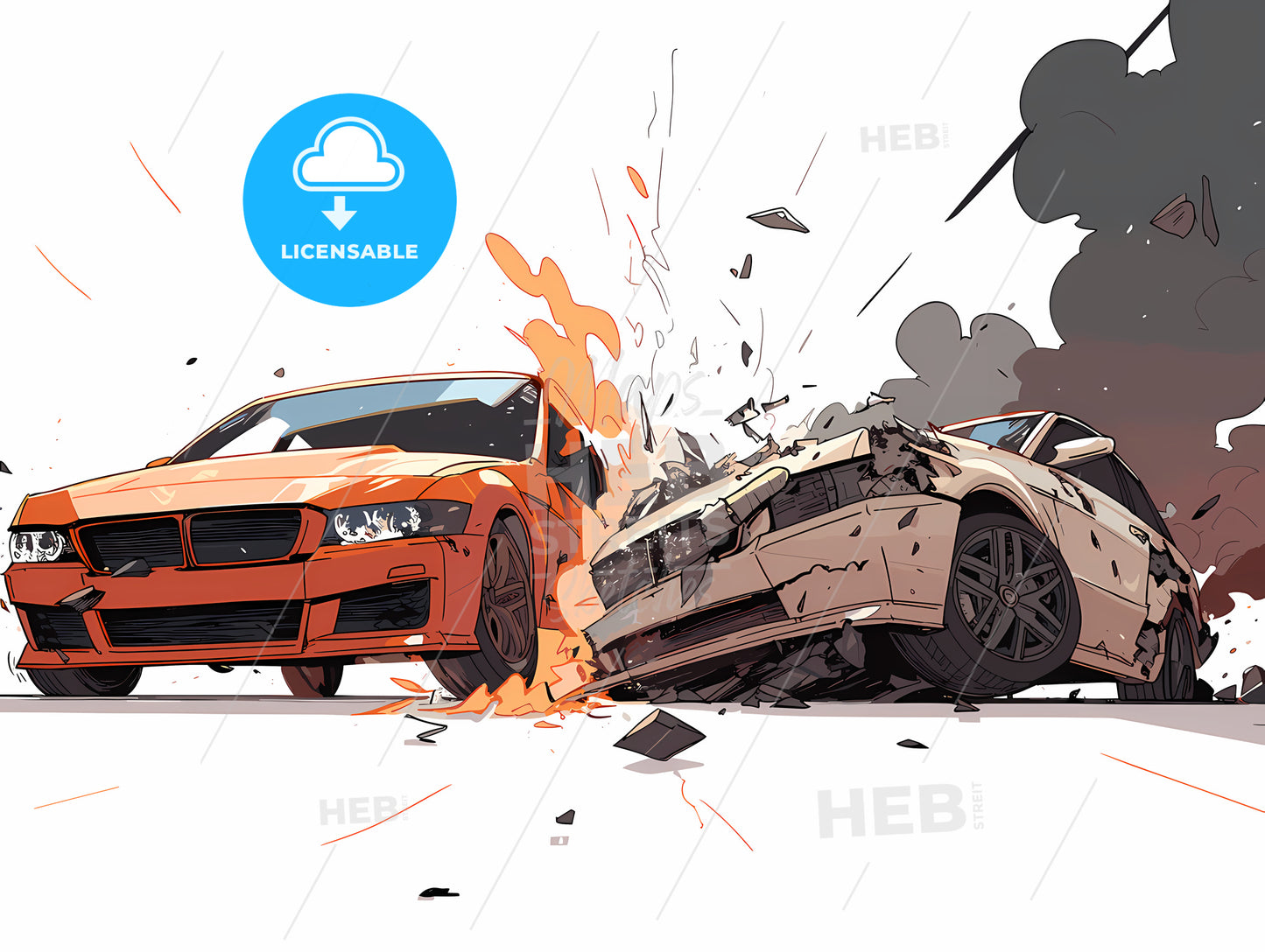 Car Crash With Flames And Smoke