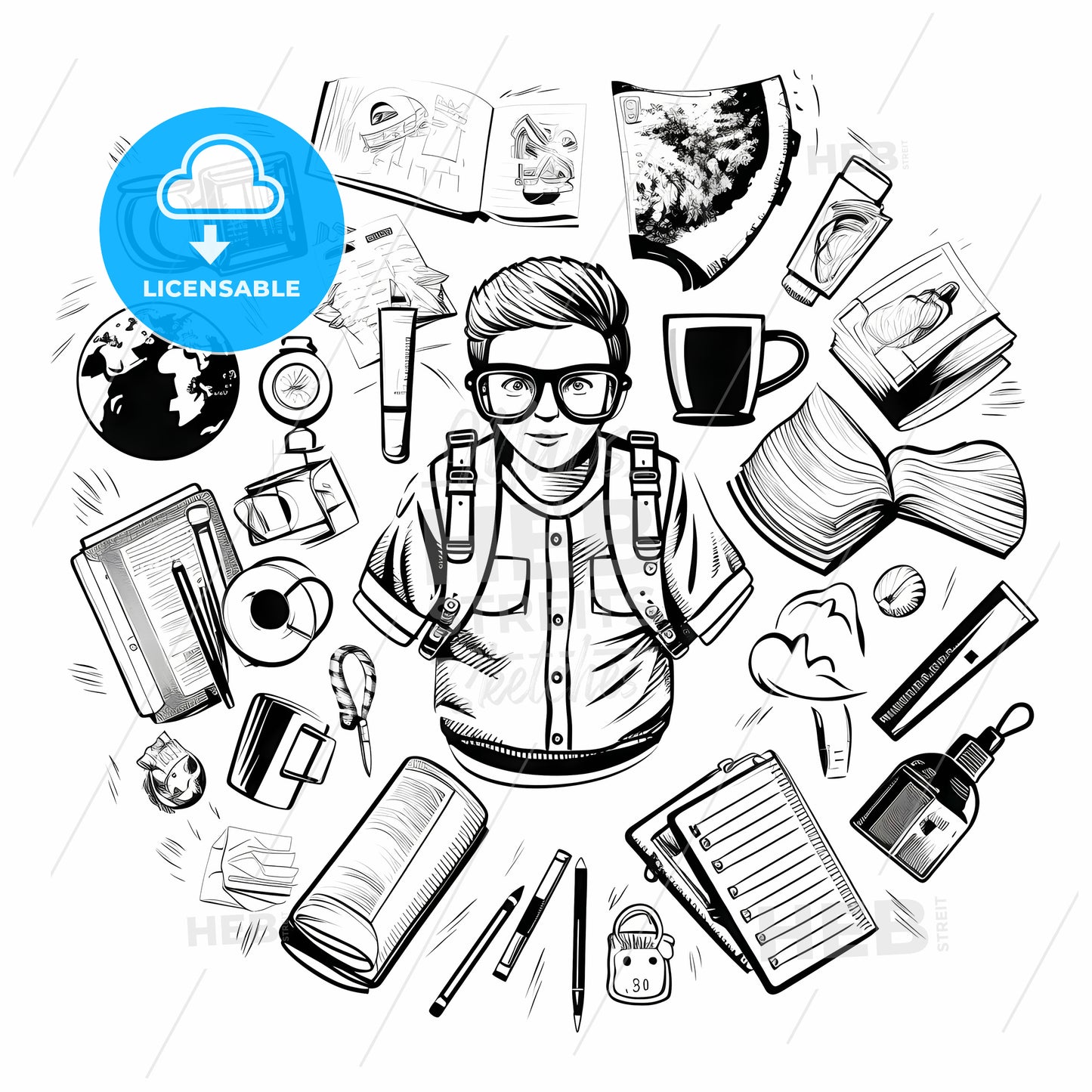 Black And White Drawing Of A Boy With A Backpack And School Supplies