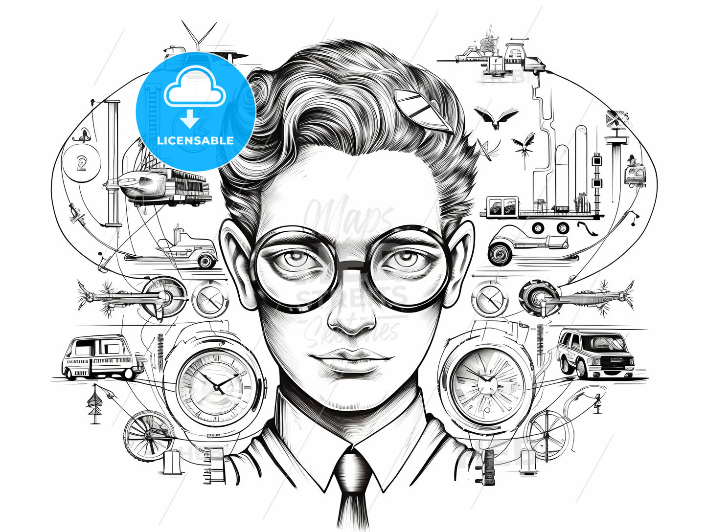 Drawing Of A Man With Glasses And Various Objects Around Him