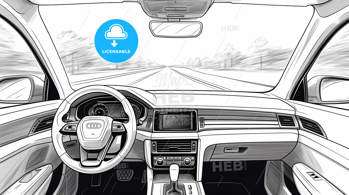 Car Interior With A Steering Wheel And Dashboard