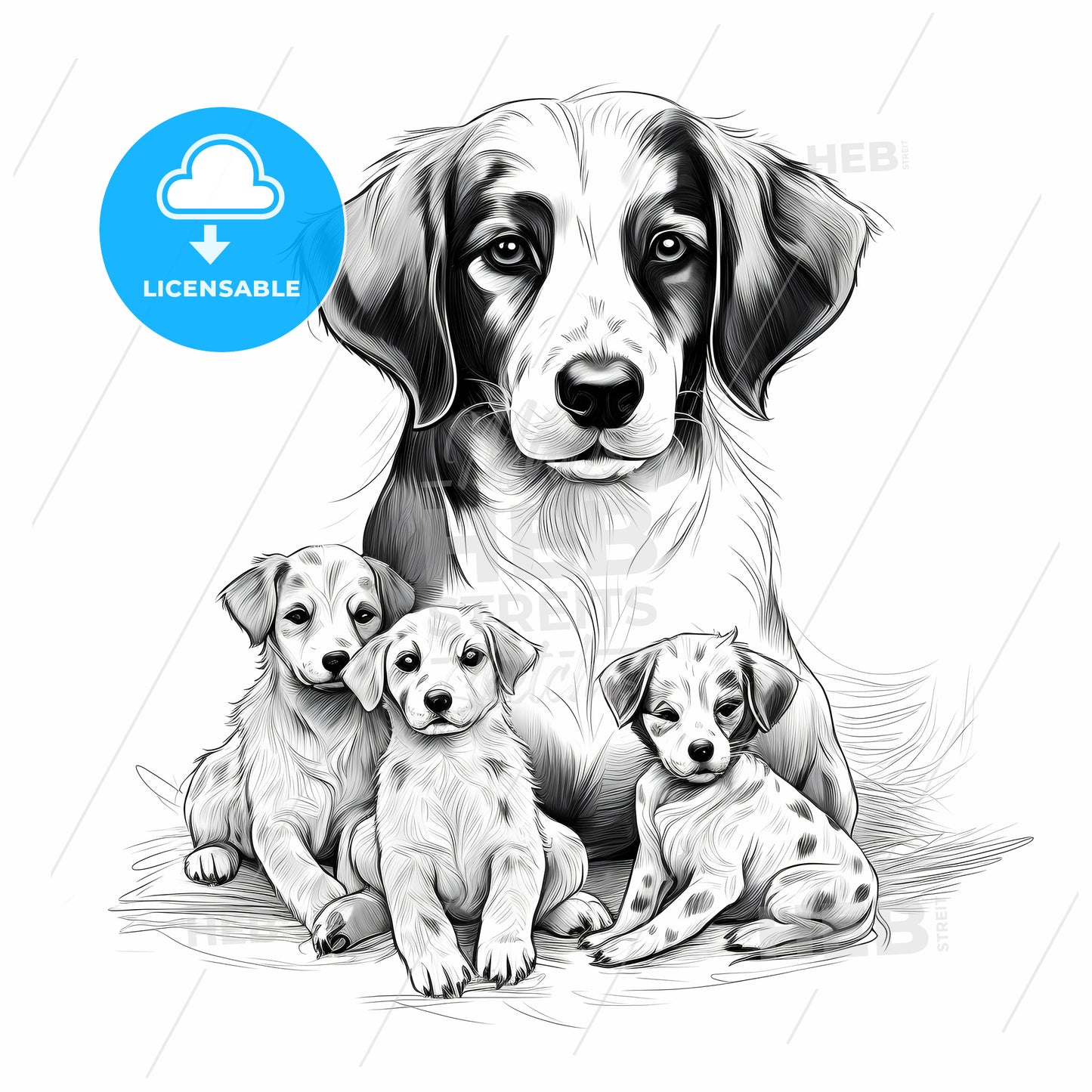 Dog And Puppies Sitting Together