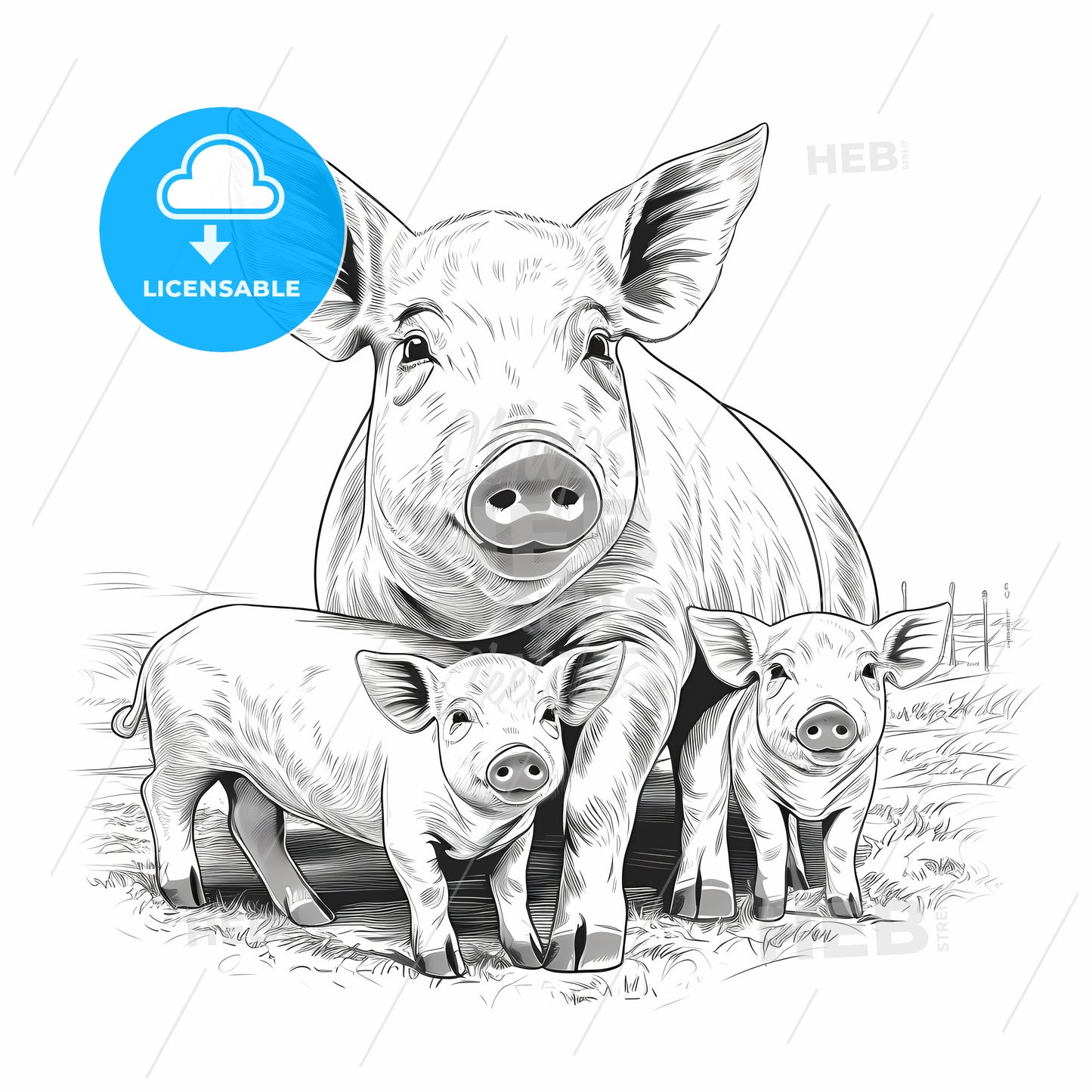 Pig And Piglets Standing Together