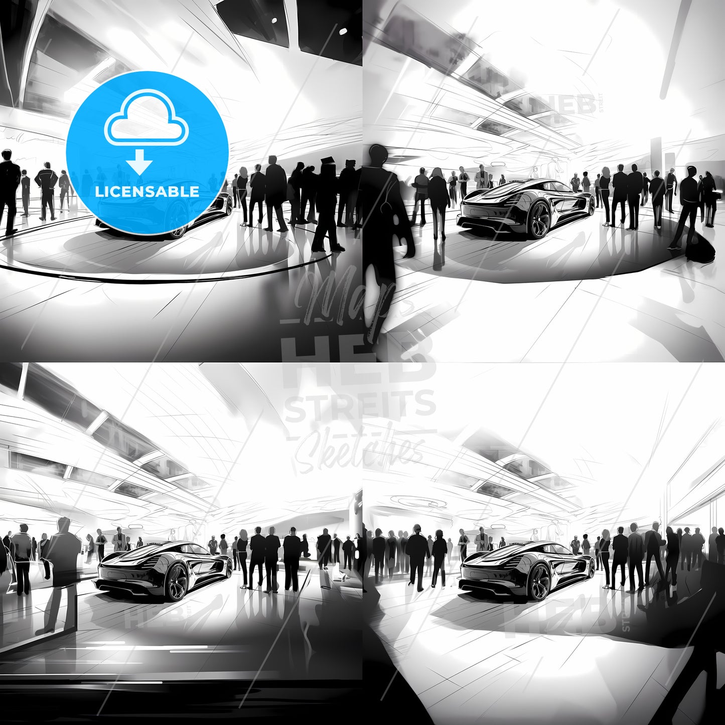 A Group Of People In A Room With Cars