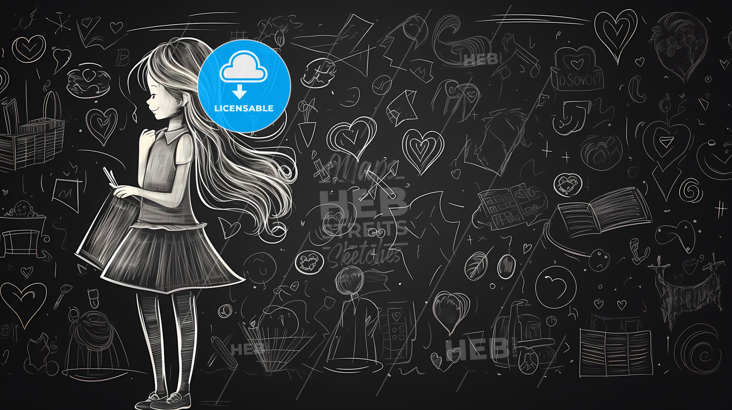 Girl With Long Hair And A Blackboard With Many Symbols