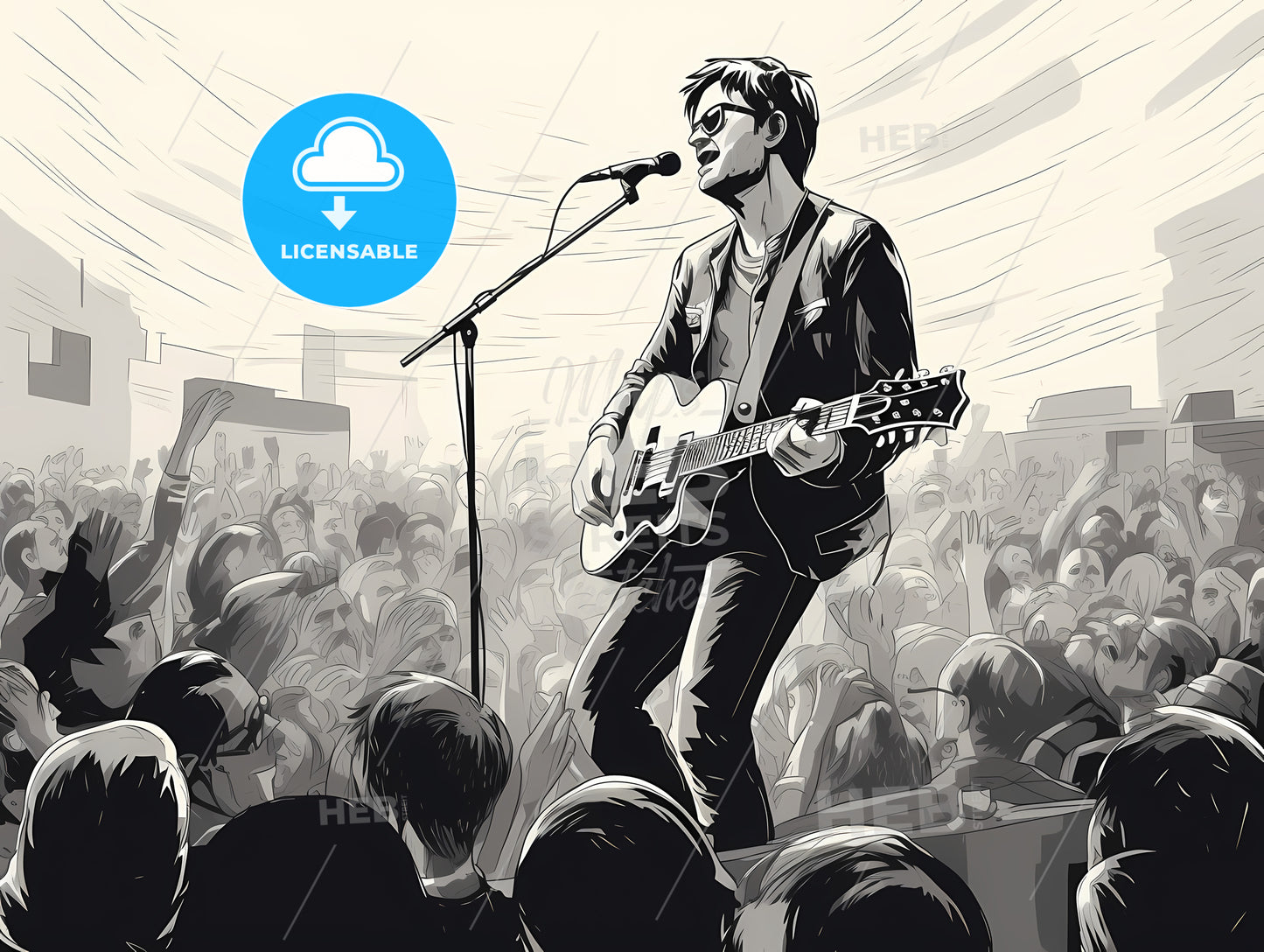 Man Playing Guitar On Stage With A Crowd Watching