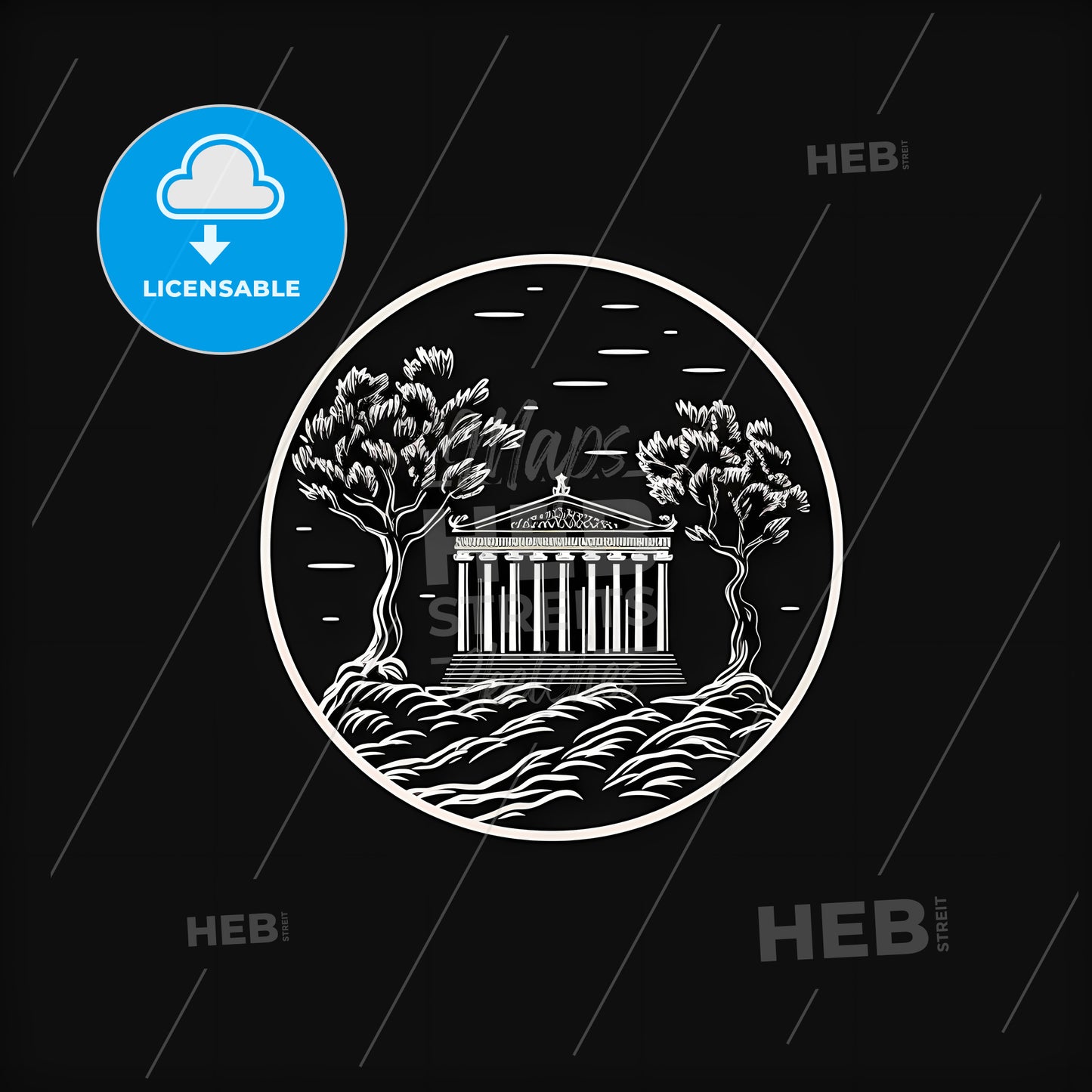 Circular Logo With A Building And Trees