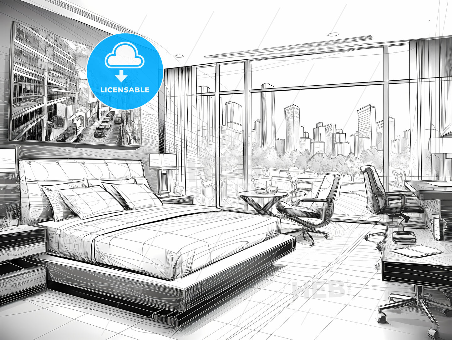 Bedroom With A Large Bed And A Desk