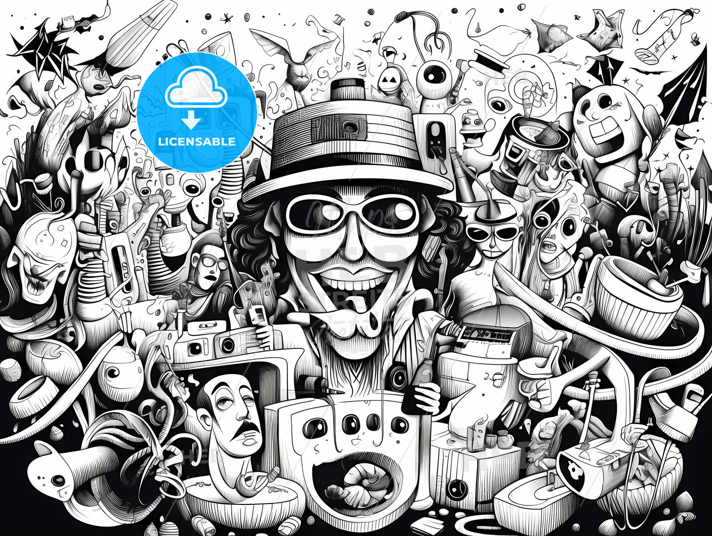 Black And White Drawing Of A Man With A Hat And Sunglasses