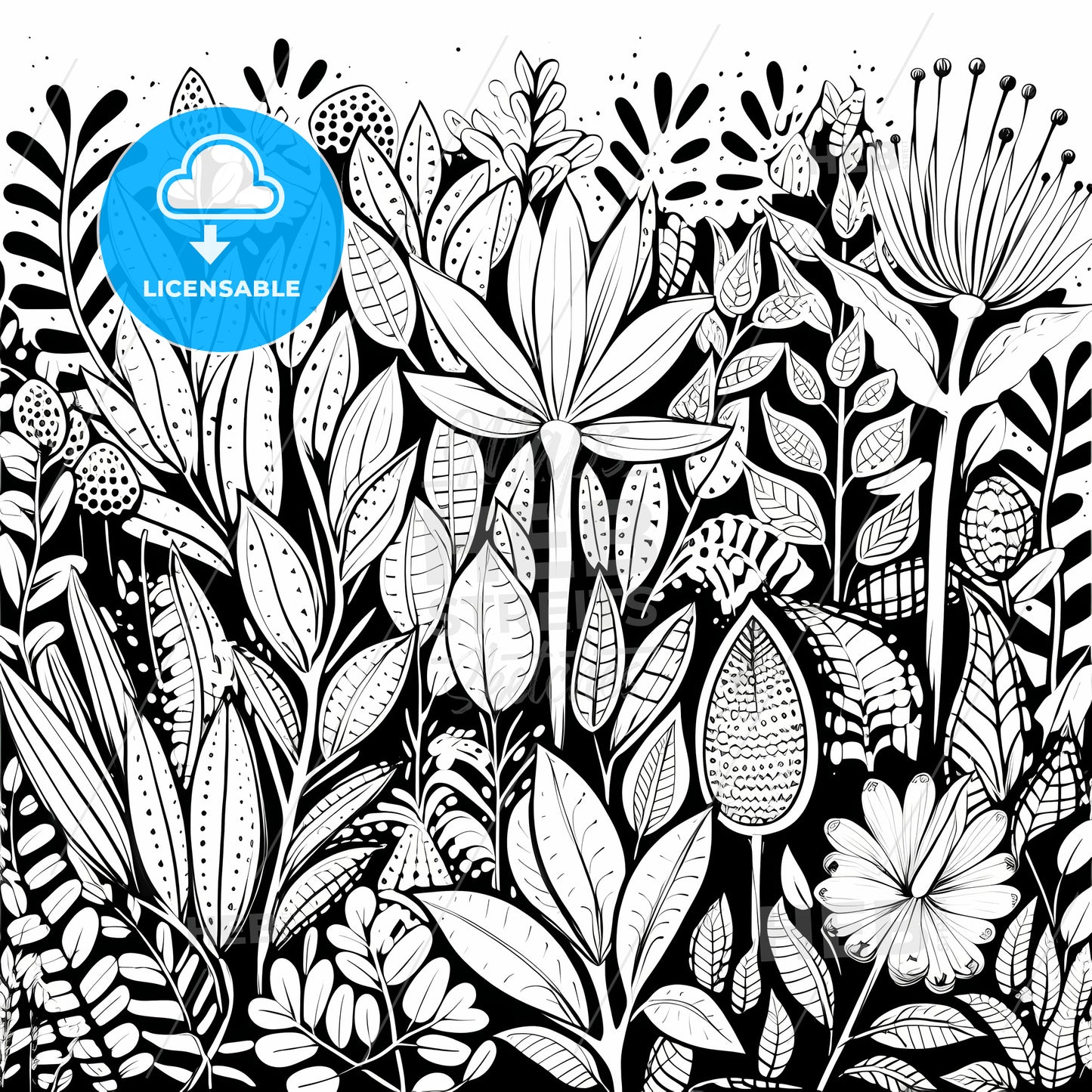 Black And White Drawing Of Flowers And Leaves