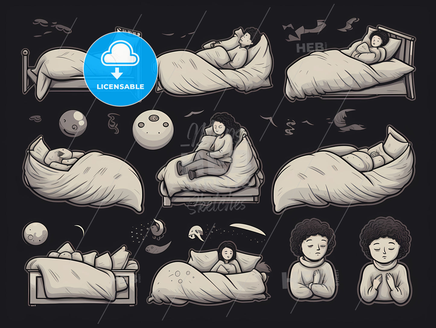 Group Of Cartoon Images Of A Woman Sleeping In Bed