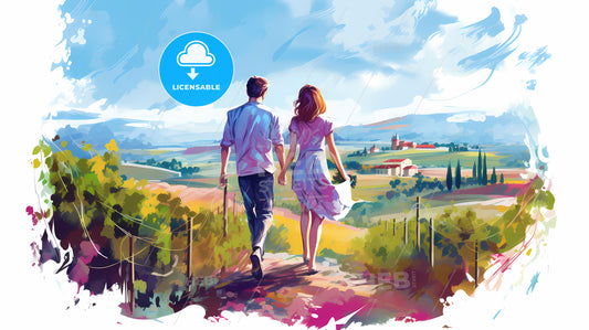 Man And Woman Holding Hands Walking On A Hill