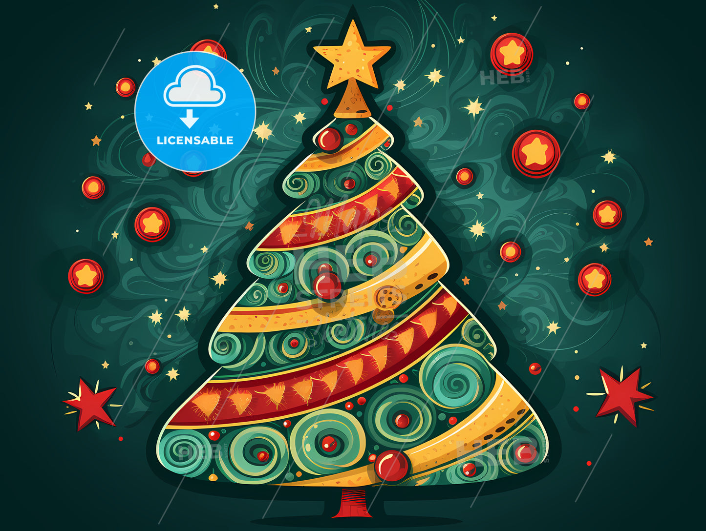 Christmas Tree With Ornaments And Stars