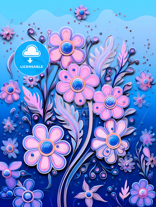Colorful Flower Design On A Blue Background