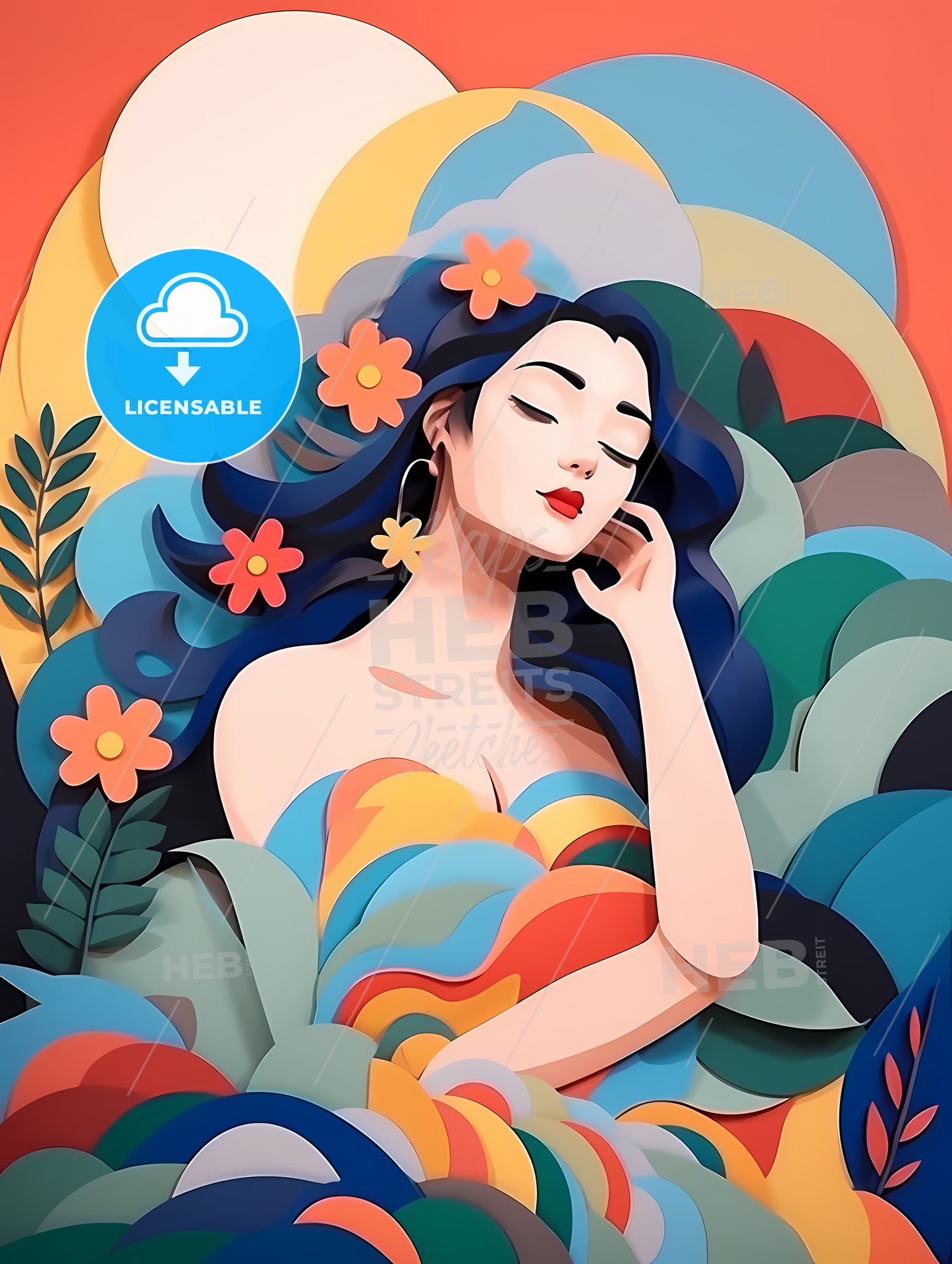 Woman With Blue Hair And Flowers In Her Hair