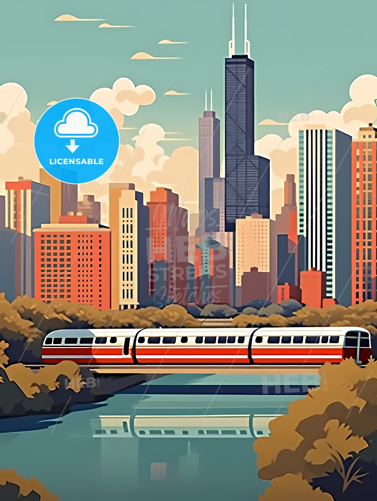 Train Going Over A River In A City