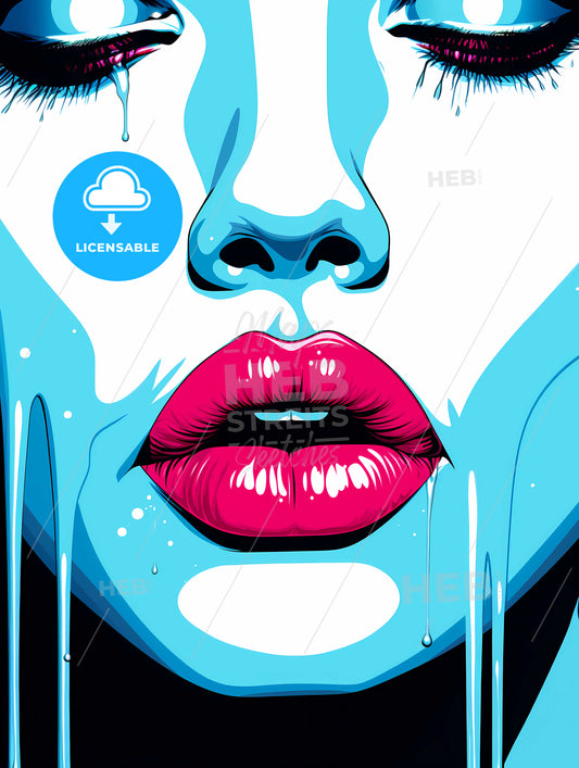 Womans Face With Red Lips And Blue Paint Dripping