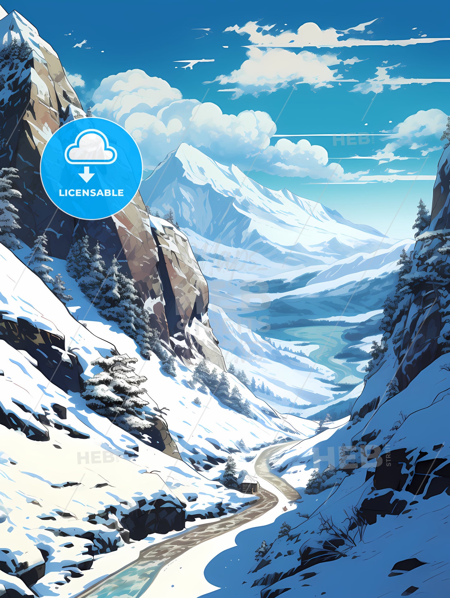 Snowy Mountain Landscape With A River And Trees