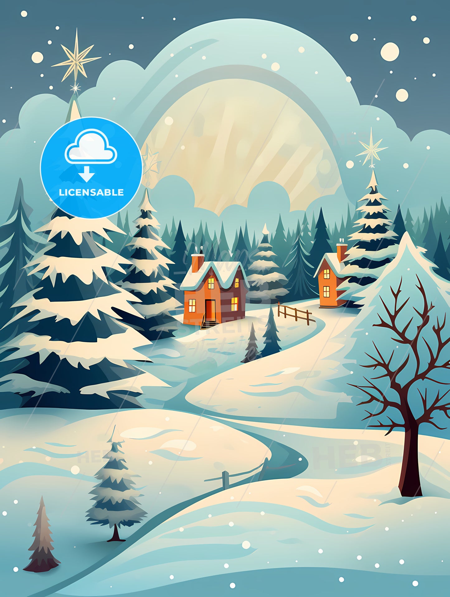 Snowy Landscape With Houses And Trees